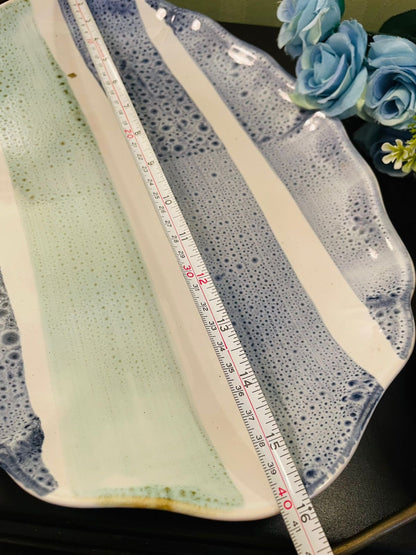 Vintage Portuguese Ceramic Serving Platter | Blue Speckled Oval Tray