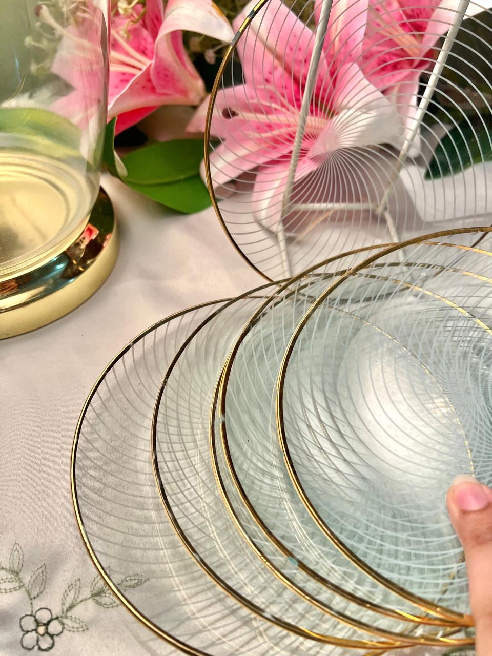 5-Piece Clear Crystal Dessert Plates 5 in Gold Rim