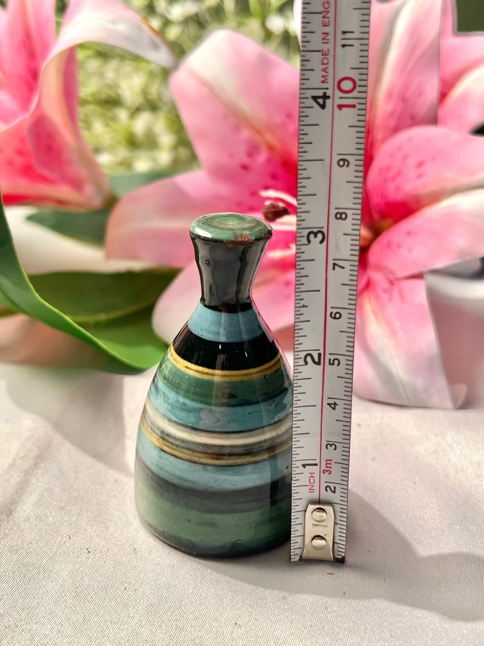 Vintage Green & Blue Striped Ceramic Miniature Vase – 3