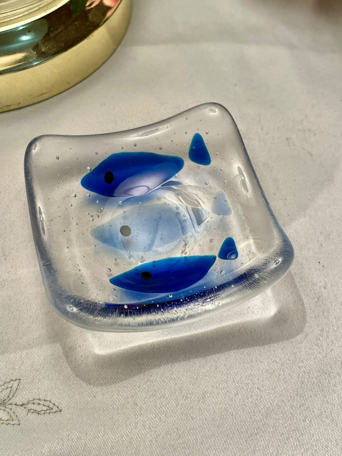 Blue Fish Crystal Square Trinket Dish, 3 in
