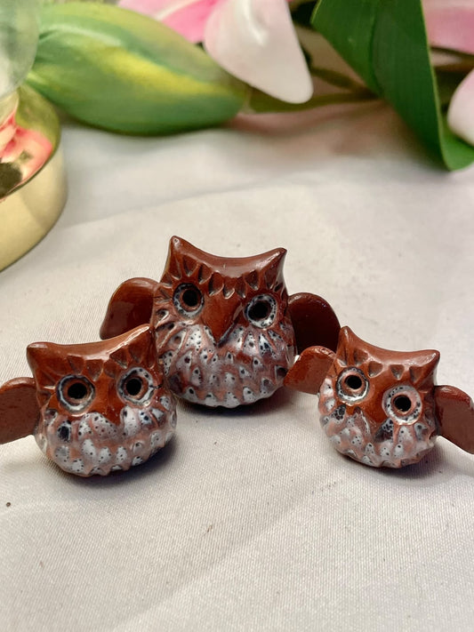 Vintage Ceramic Owl Figurines, Brown, 3-Piece Set, 1.5 in