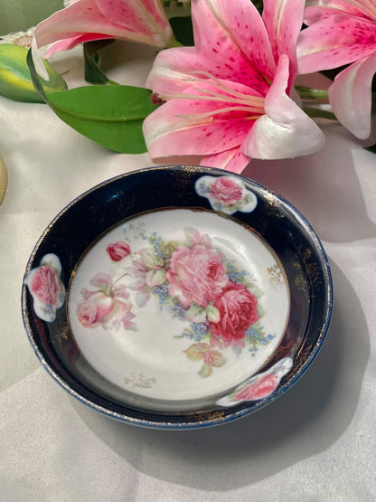 Vintage Pink Rose Floral Bowl with Navy Border Approx. 14 cm