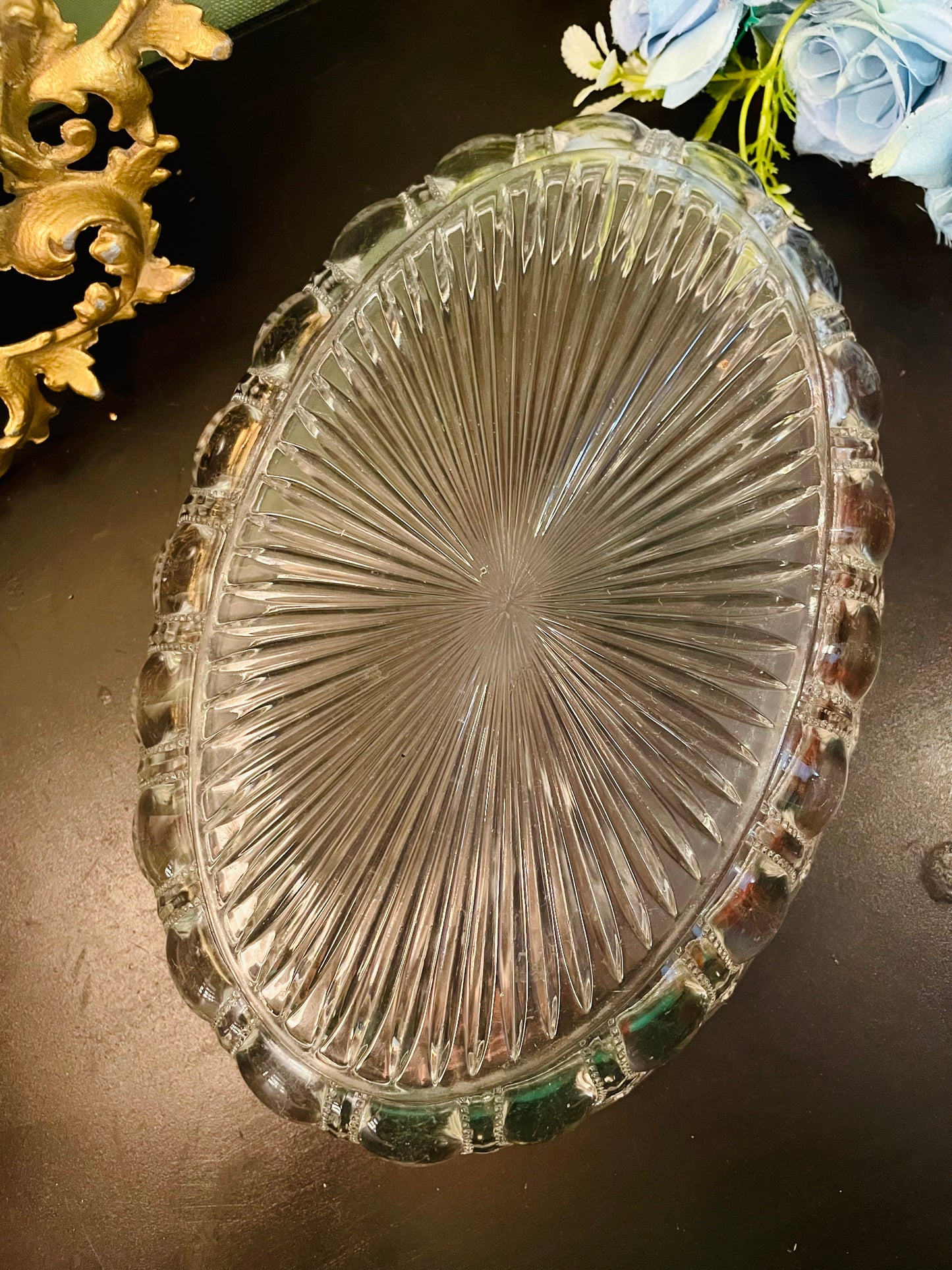 Vintage Crystal Glass Oval Serving Bowl 10 Inch Scalloped Dish