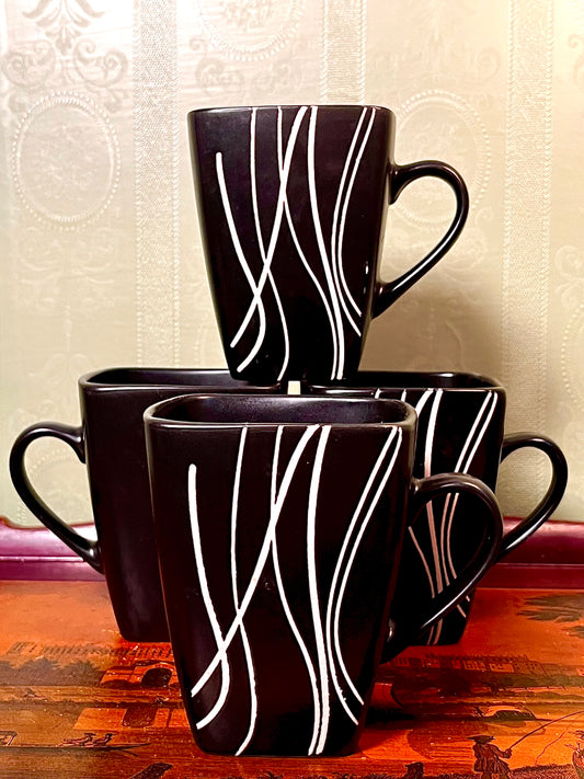 Black White Abstract Line Ceramic Mugs Set of 4 11cm