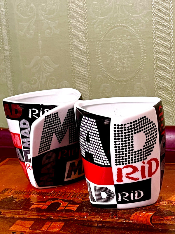 Pair of Modern Geometric Ceramic Mugs Red Black White Typography 9.5cm