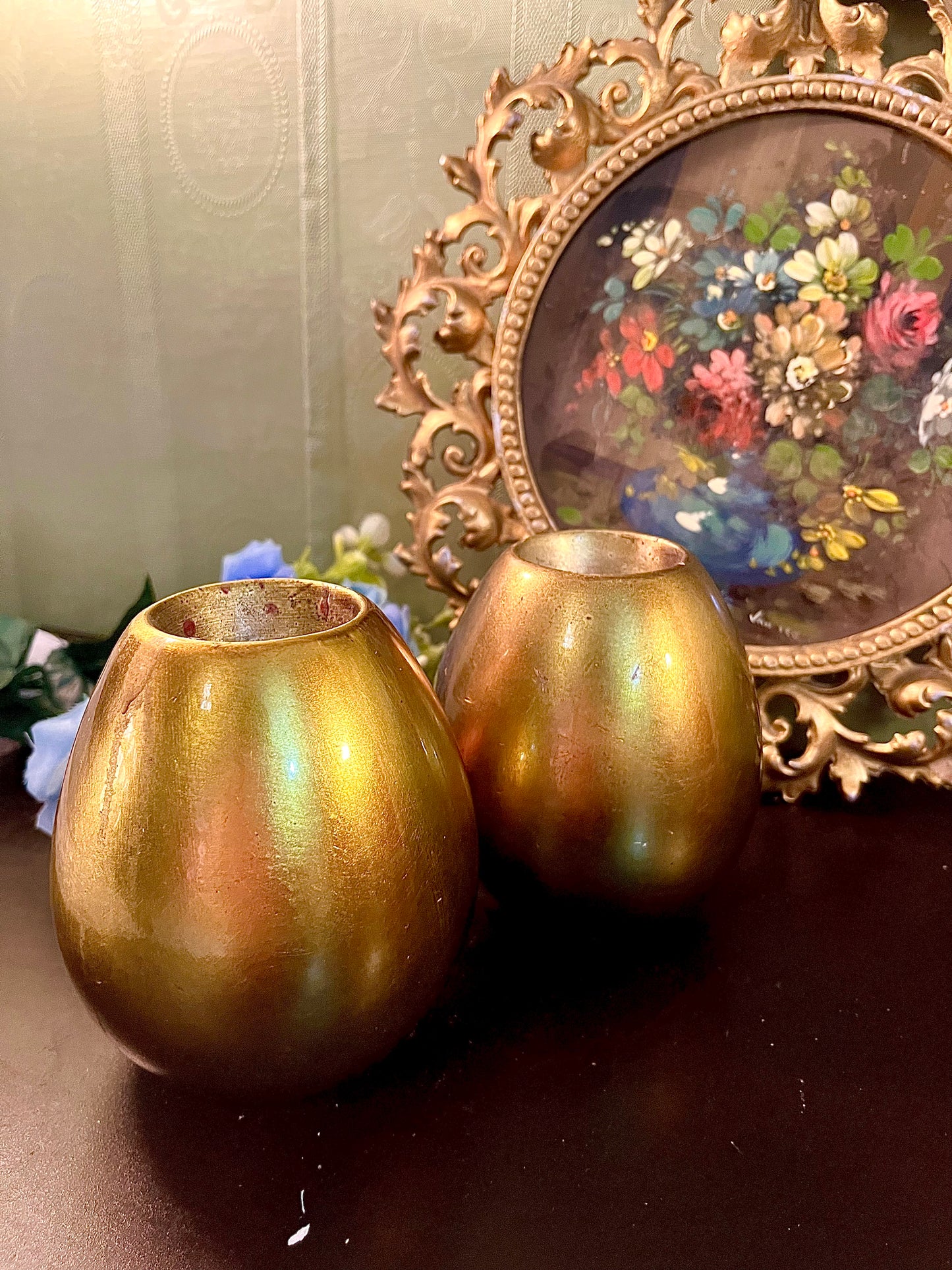 Pair of Gold Iridescent Egg-Shaped Decorative Vases