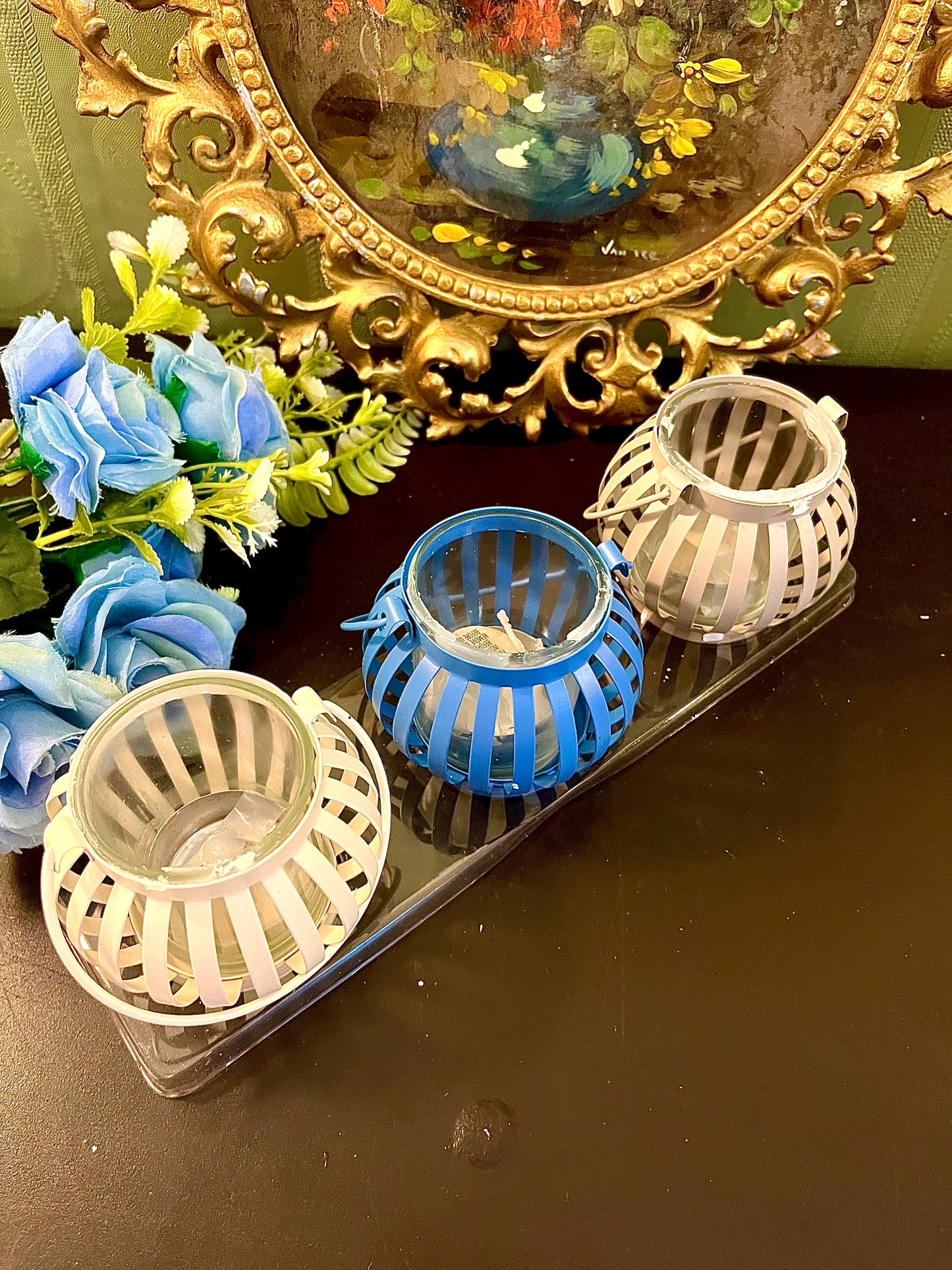 Set of 3 Mini Metal Lantern Tealight Candle Holders – Blue & White