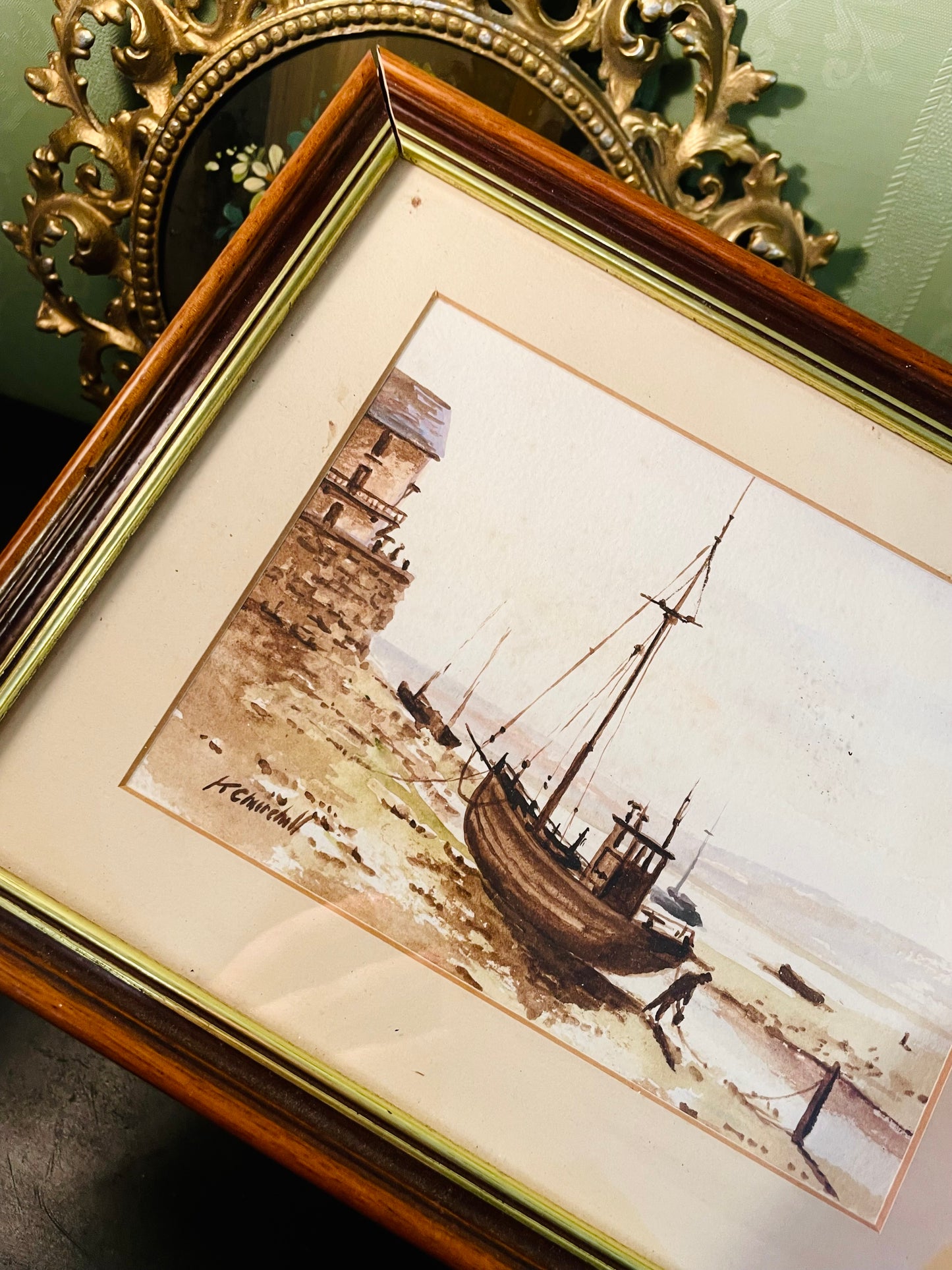 Vintage Framed Watercolour Boat Painting 14 Inch Coastal Wall Art