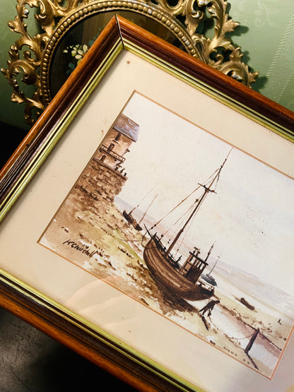 Vintage Framed Watercolour Boat Painting 14 Inch Coastal Wall Art