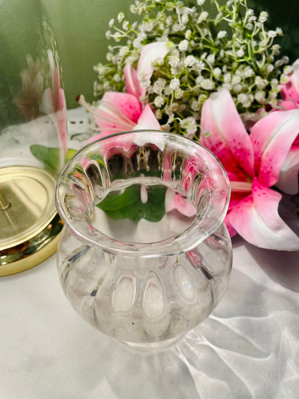 Vintage Clear Crystal Ribbed Vase Flared Rim 12 cm