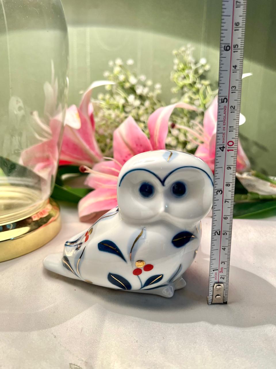 Vintage Blue & White Owl Figurine with Gold Accents 10 cm