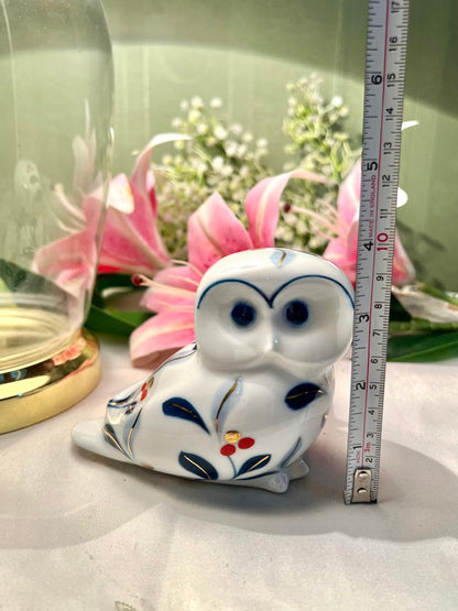 Vintage Blue & White Owl Figurine with Gold Accents 10 cm