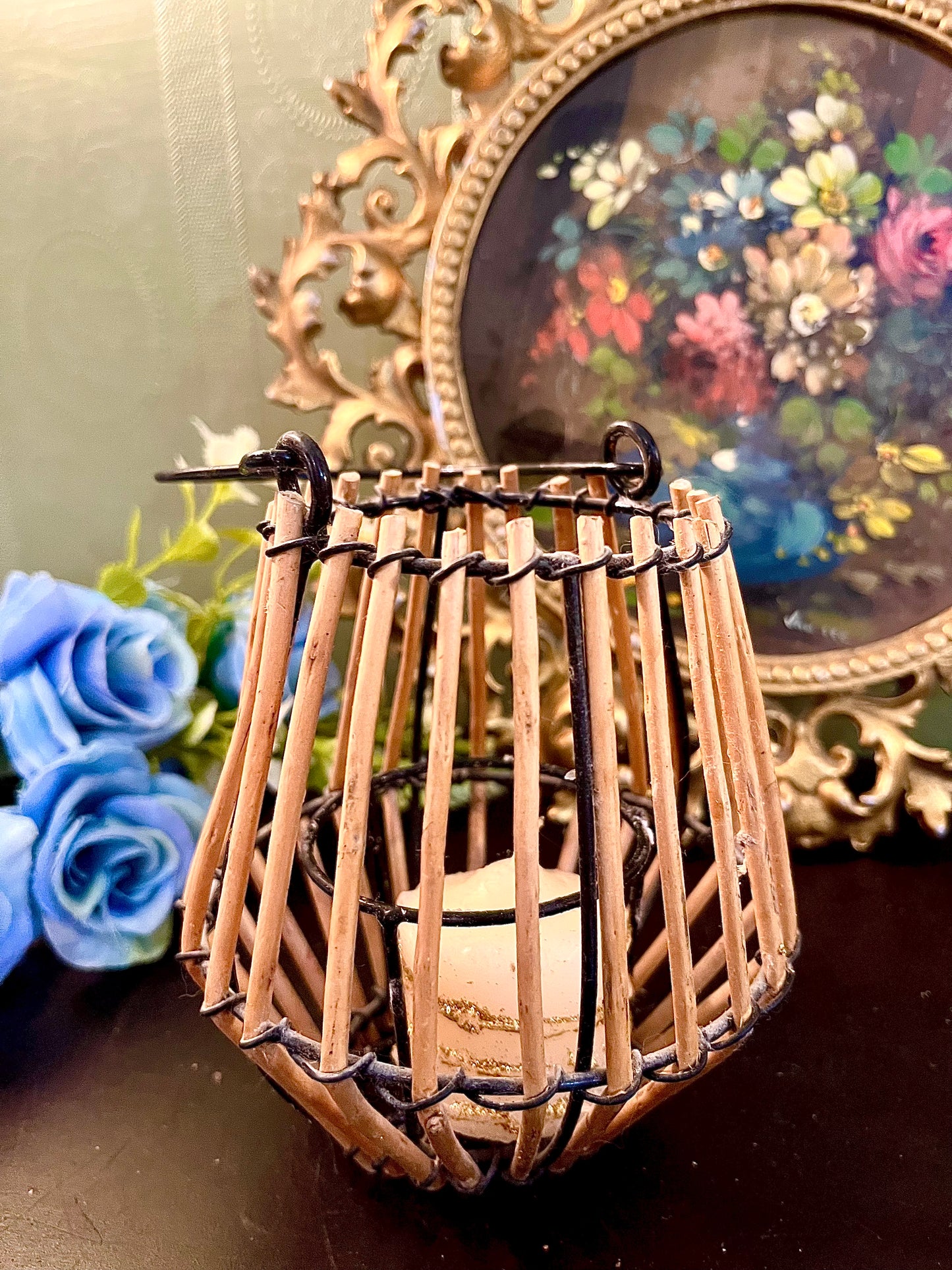 Rustic Bamboo Tealight Candle Lantern with Handle