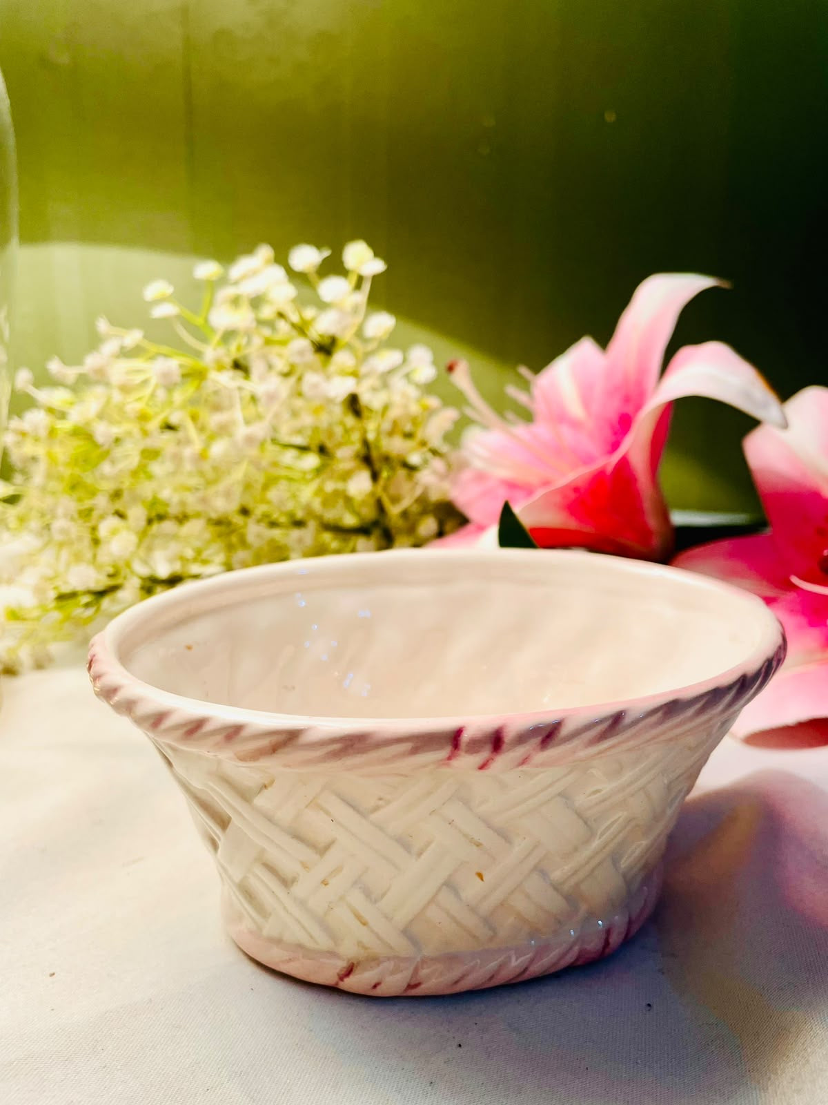 Vintage White & Pink Ceramic Wicker Basket Planter – 5 Inch