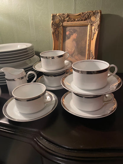 Marks & Spencer Home Platinum Dinnerware Set – 30 Pieces – White Fine China with Platinum Trim