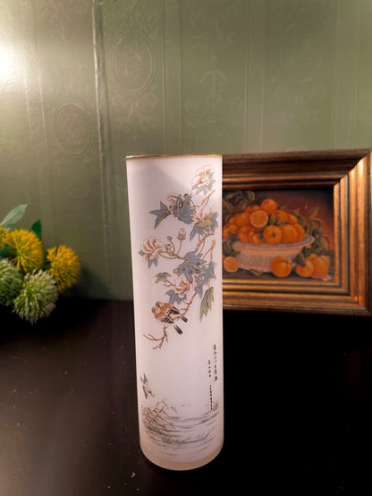 Vintage Bird & Blossom Cylinder Vase – 8 Inch