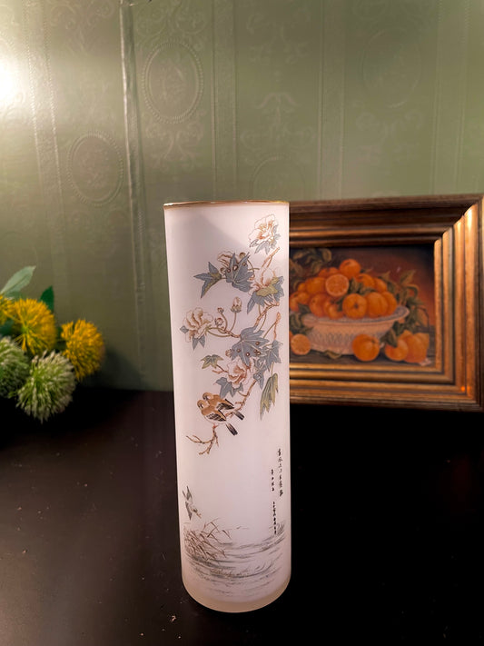 Vintage Bird & Blossom Cylinder Vase – 8 Inch