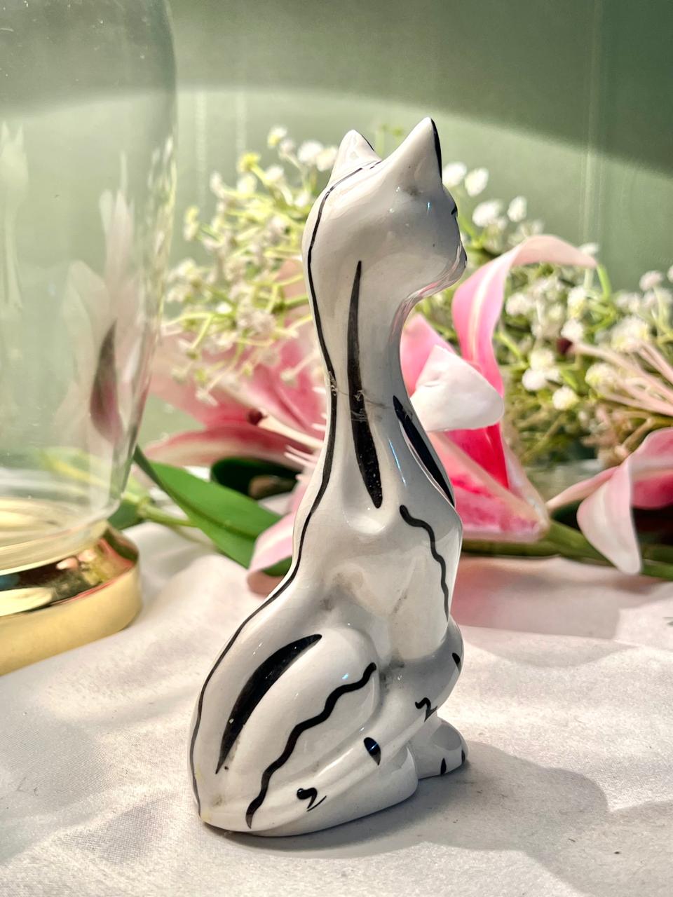 White Black Cat Ceramic Figurine 14cm - 1 Piece