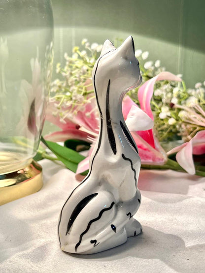 White Black Cat Ceramic Figurine 14cm - 1 Piece