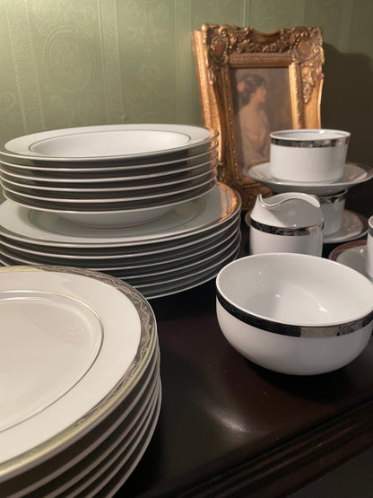 Marks & Spencer Home Platinum Dinnerware Set – 30 Pieces – White Fine China with Platinum Trim