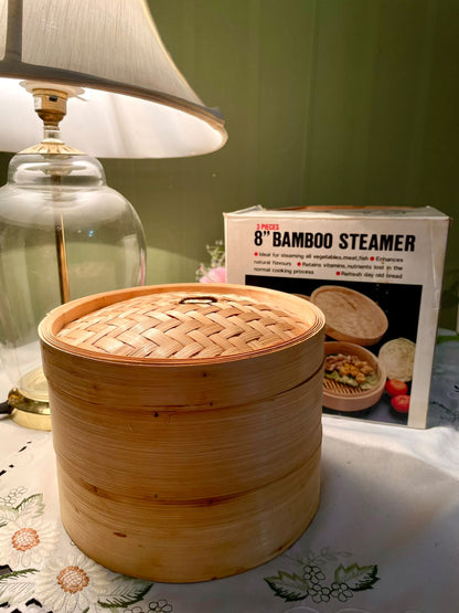 Vintage Bamboo Steamer Set 3-Piece 8 Inch