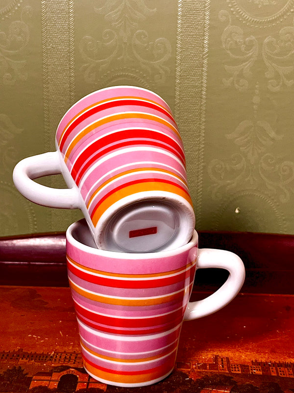Bodum Pair of Retro Striped Ceramic Mugs Pink Red Orange 9cm