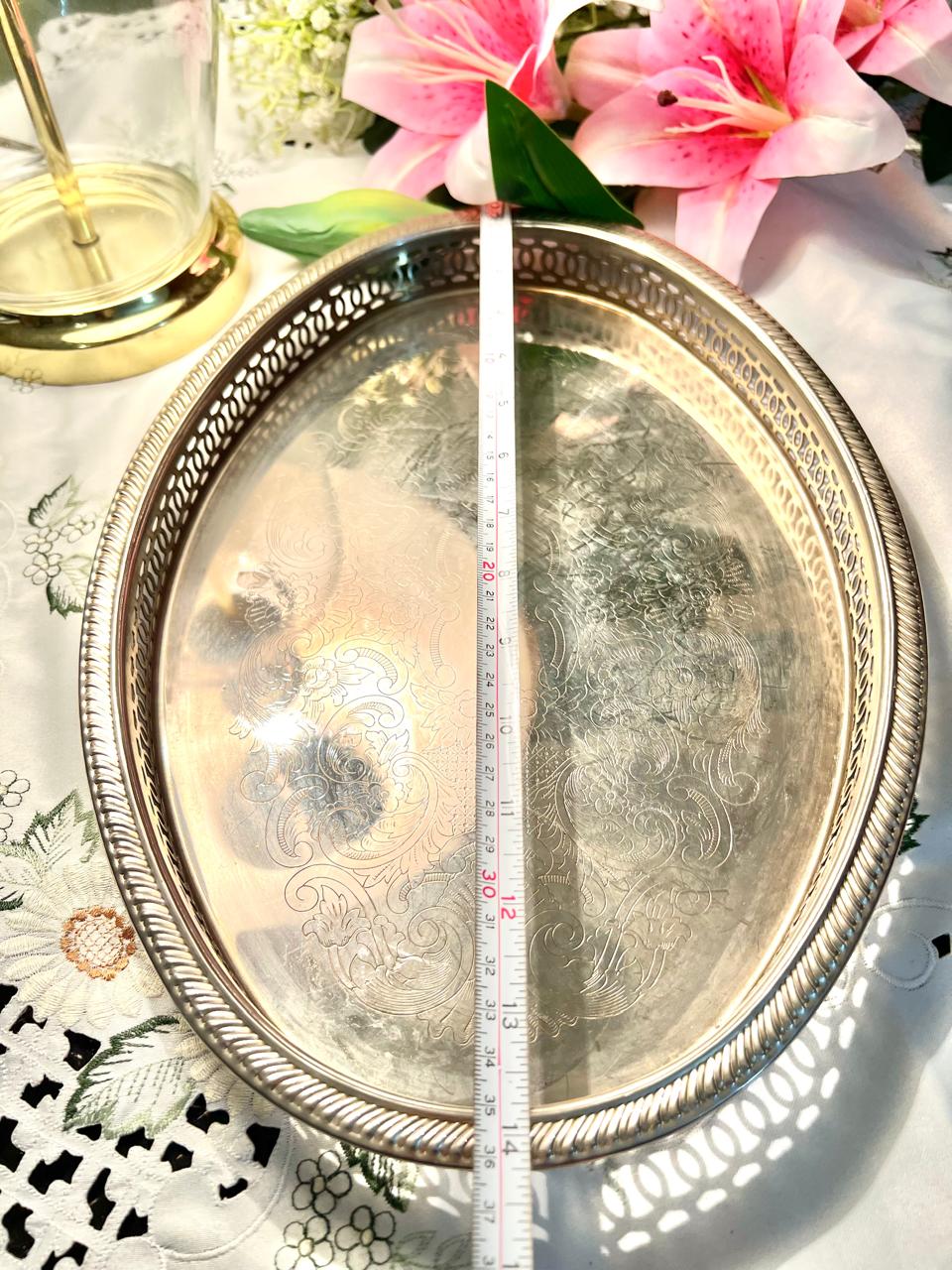Queen Anne Silver Oval Serving Tray Engraved 36 cm
