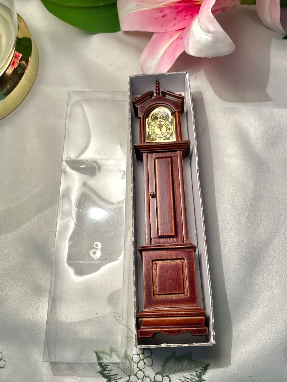 Vintage Miniature Grandfather Clock Brown & Gold Approx. 18 cm