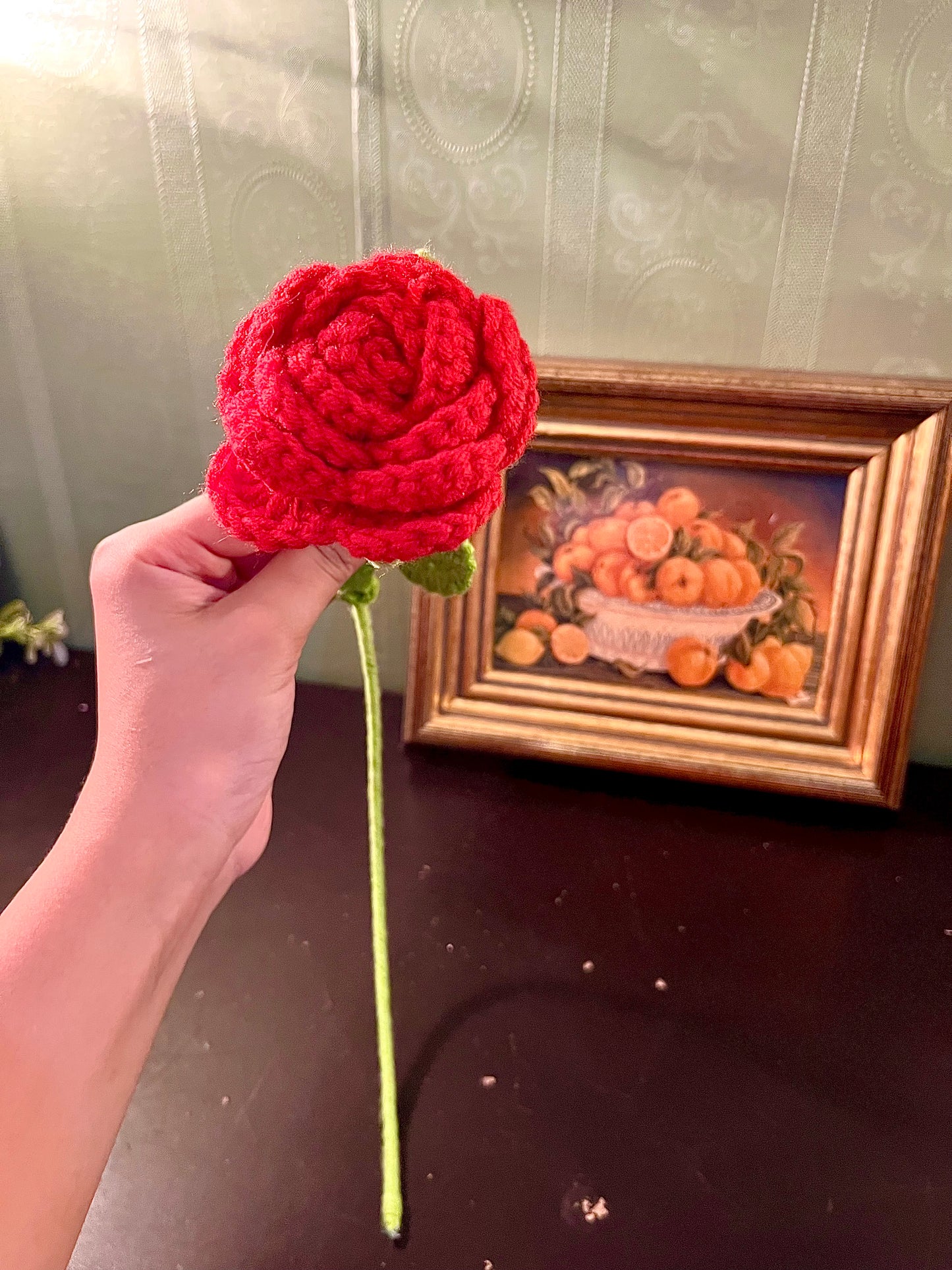 Handmade Crochet Red Rose Stem – 17 Inch Floral Decor