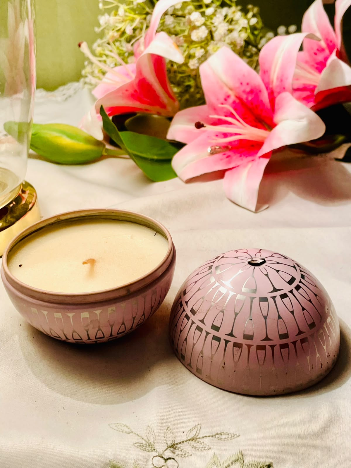 Vintage Pink & Silver Geometric Sphere Scented Candle Tin 4 Inch
