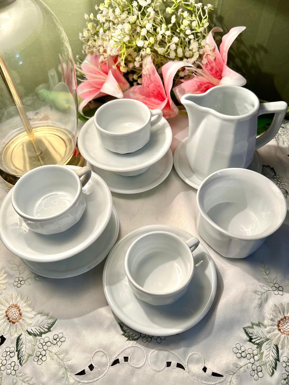 12-Piece White Tea Set with Cups, Saucers, milkpot and sugar pot