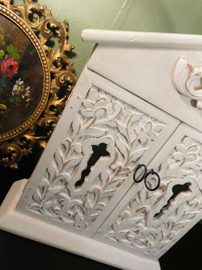 White Wooden Wall Key Cabinet With Carved Doors