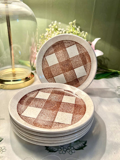 6-Piece Brown Check Ceramic Side Plate Set 6.25 in
