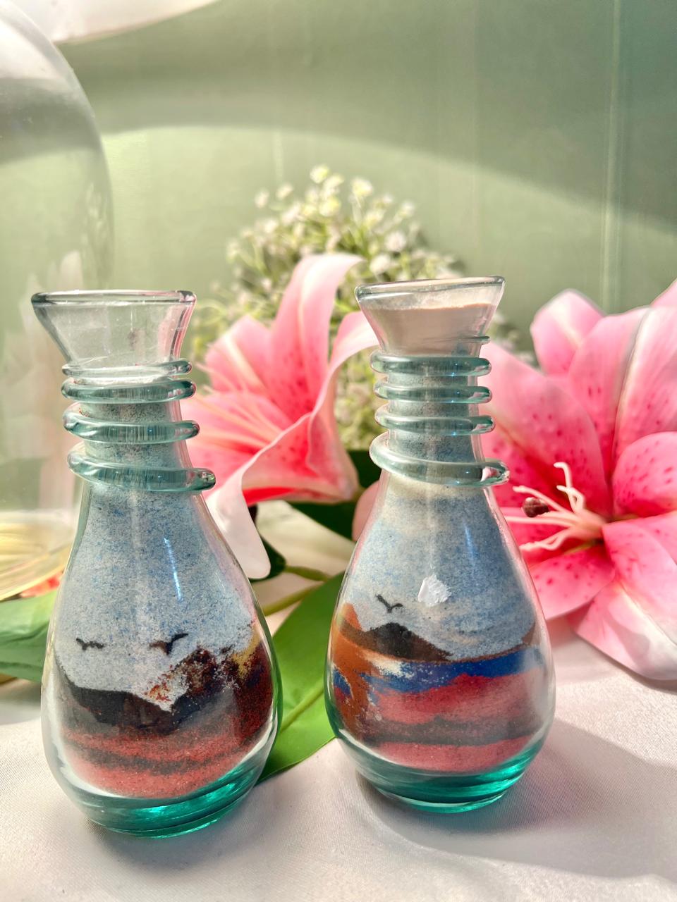 Vintage Crystal Sand Art Bottles Pair Blue Pink Black 5 Inch
