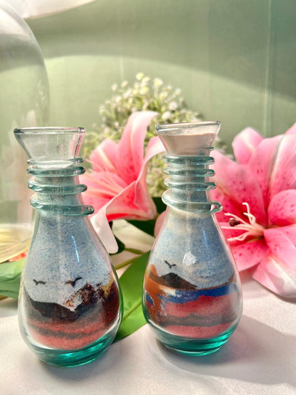 Vintage Crystal Sand Art Bottles Pair Blue Pink Black 5 Inch