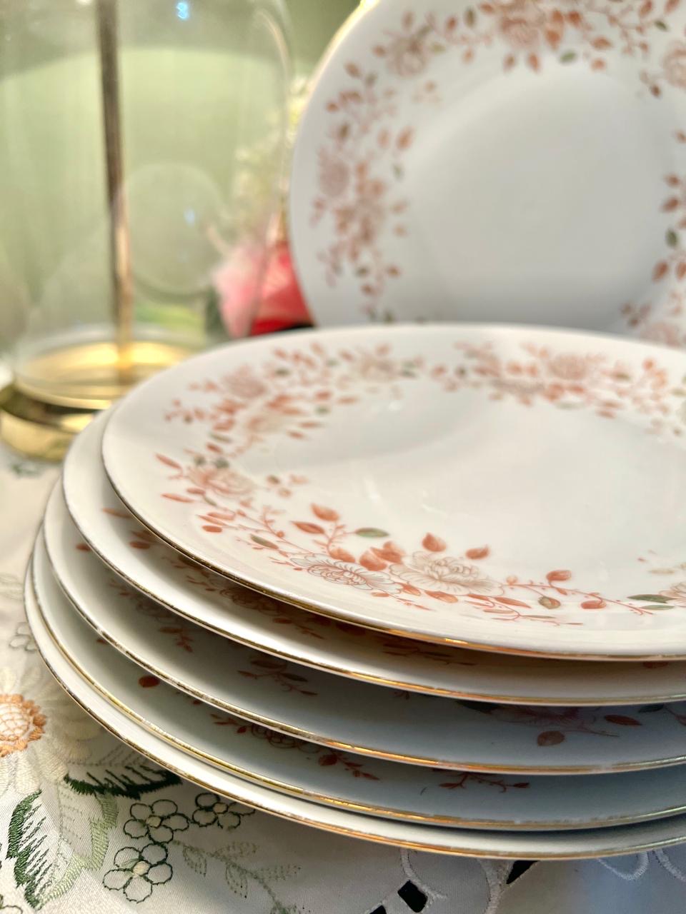 6-Piece Peach Floral Dinner Plate Set 9.5 in Made in England