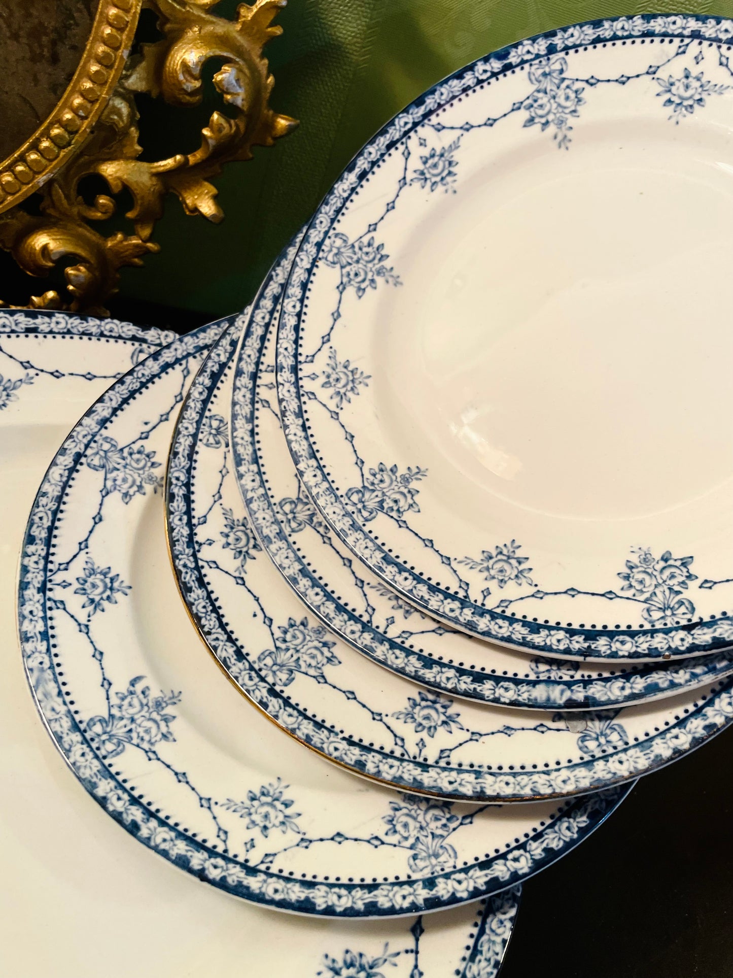 Vintage French Bone China Dinner Set Gold Rim Blue Floral – Set of 8