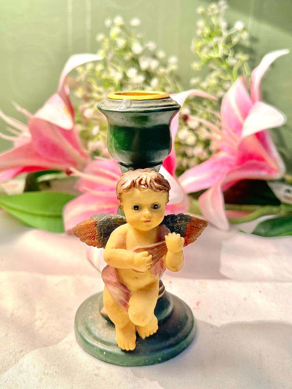 Vintage Cherub Candle Holder Green & Gold Approx. 12 cm
