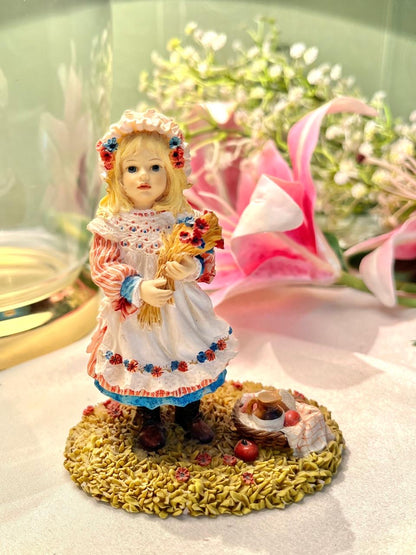 Girl with Flowers Figurine Red Blue Dress 11.5cm - 1 Piece