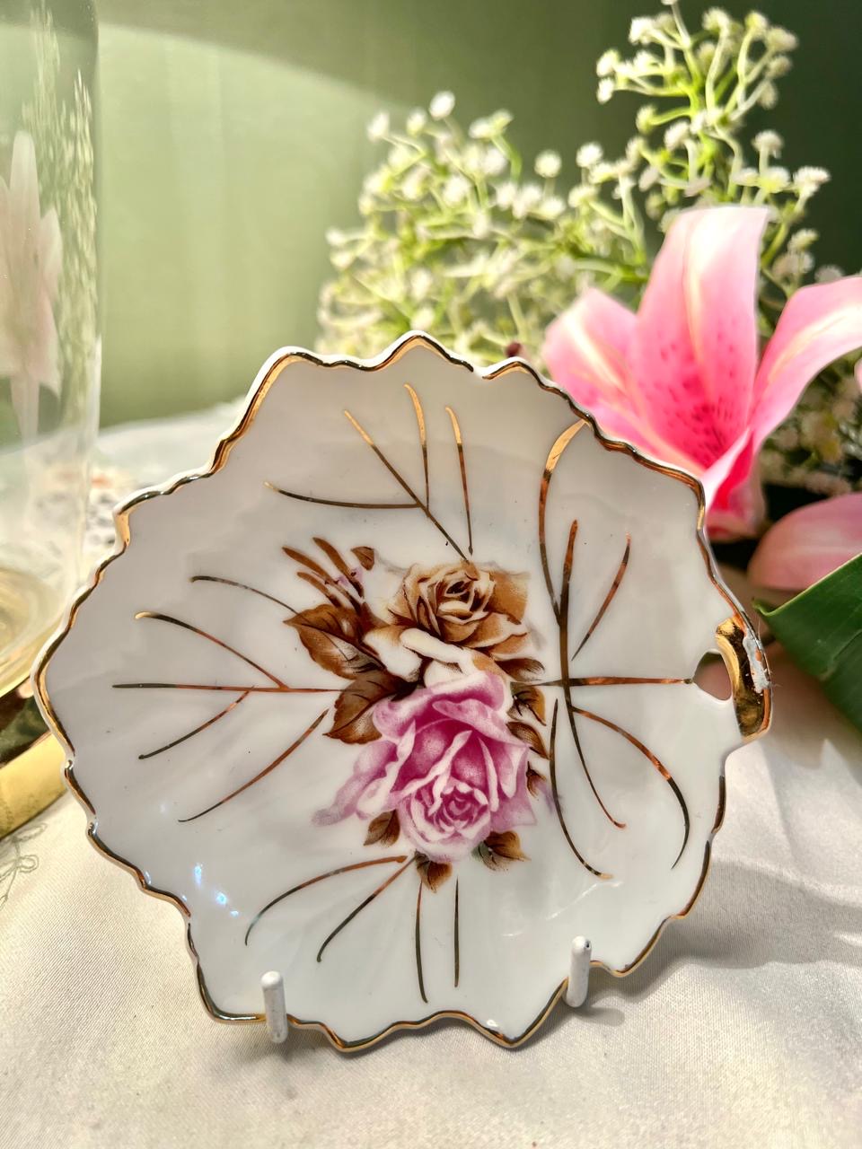 H.C.F. London Floral Wall Plate Pink Rose Gold Trim 11 cm