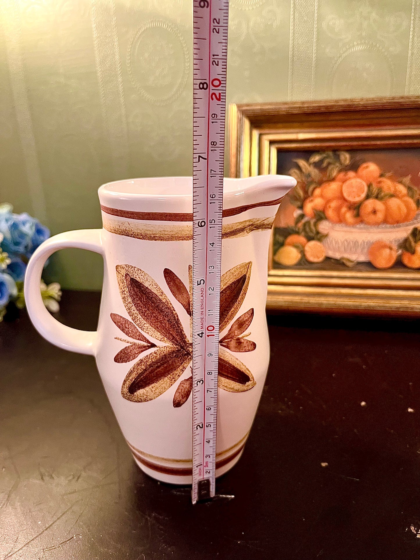 Vintage Brown Leaf Ceramic Pitcher – White Stoneware Water Jug