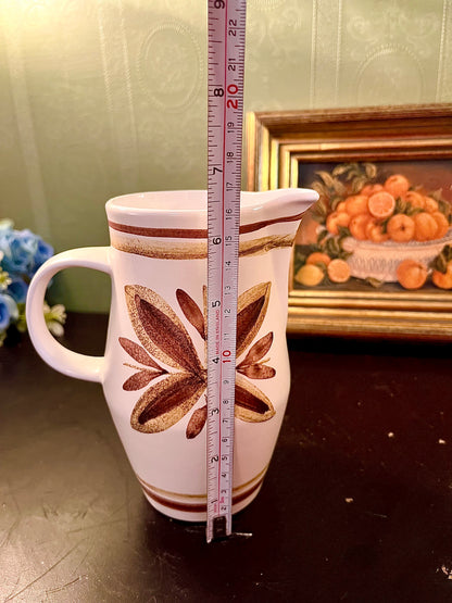 Vintage Brown Leaf Ceramic Pitcher – White Stoneware Water Jug