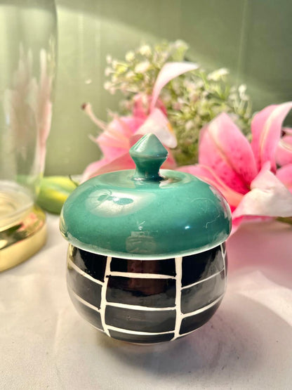 Hand Painted Teal & Black Ceramic Lidded Jar 10cm