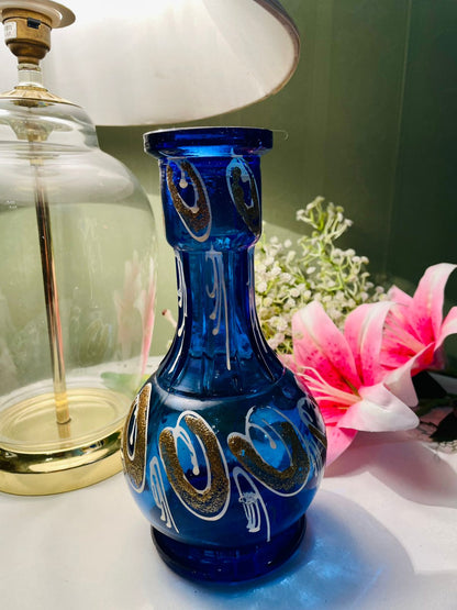 Vintage Cobalt Blue Crystal Vase Gold White Detail 23 cm