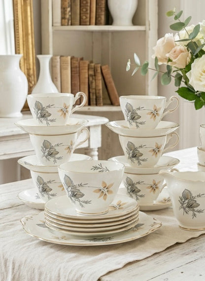 Vintage Floral Tea Set with  6 Cups & Plates – Gold Rim