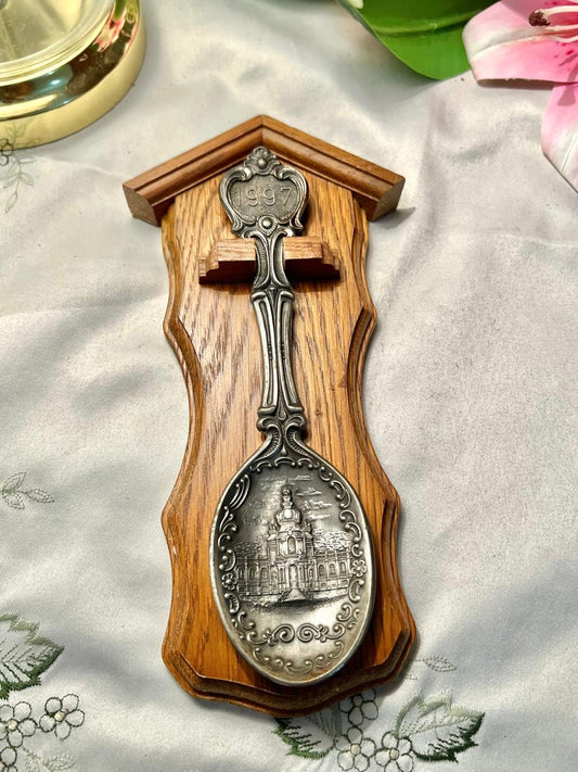 RARE FIND 1997 Silver-Toned Commemorative Spoon on Wooden Stand – 9 Inches