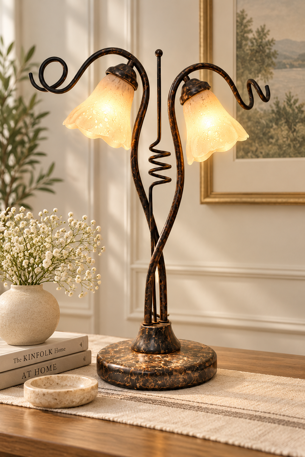 Vintage Double Tulip Glass Table Lamp with Sculptural Metal Frame 60 cm