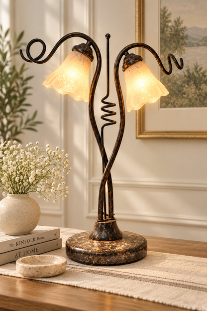 Vintage Double Tulip Glass Table Lamp with Sculptural Metal Frame 60 cm
