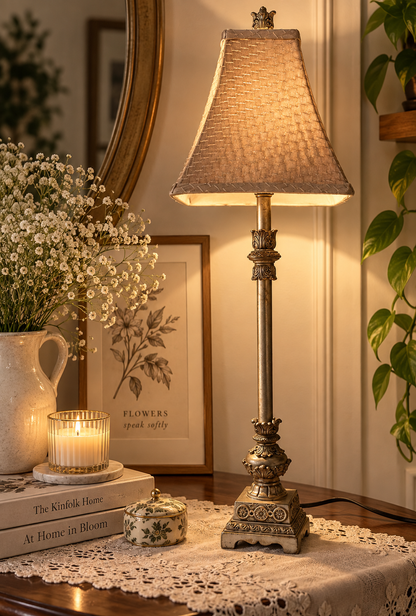 Vintage Ornate Silver Table Lamp with Pink Fabric Shade 76 cm