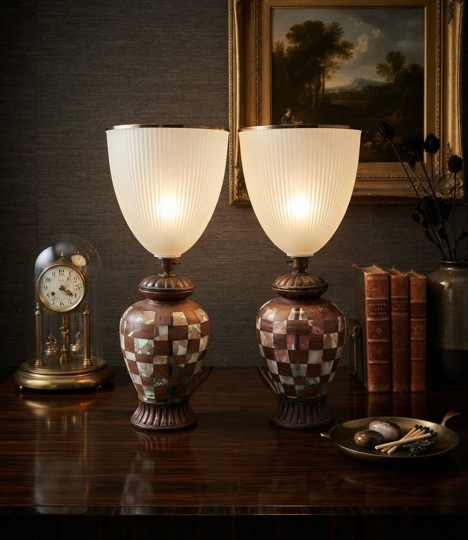 Pair Vintage Mosaic Table Lamps Ribbed Shades Approx. 19 in